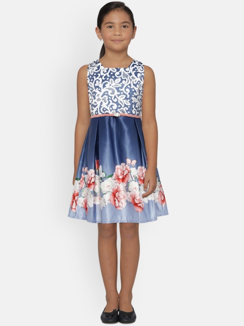 

Peppermint Girls Blue & White Printed Fit and Flare Dress