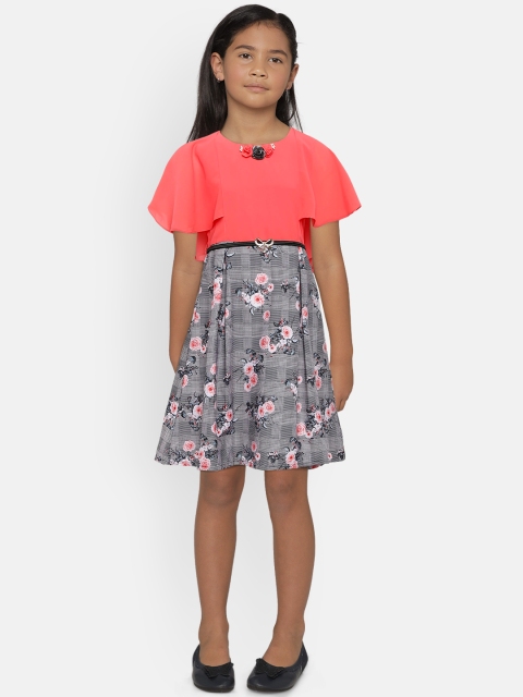 

Peppermint Girls Peach-Coloured & Black Printed Fit and Flare Dress