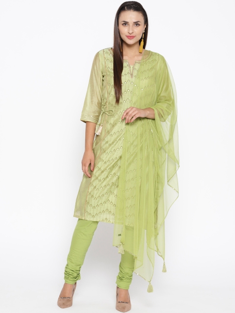 

AURELIA Women Green & Golden Printed Kurta with Churidar & Dupatta