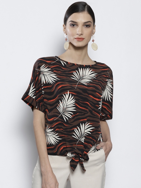 dorothy-perkins-women-brown-off-white-printed-styled-back-top