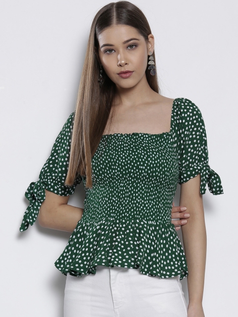 

DOROTHY PERKINS Women Green & White Printed Cinched Waist Top