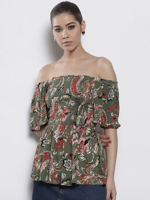

DOROTHY PERKINS Women Olive Green & Pink Printed Bardot Top