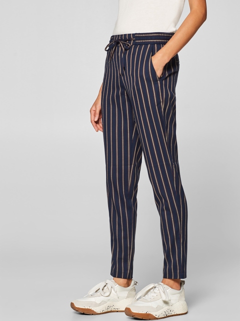 

ESPRIT Women Navy Blue & Beige Regular Fit Striped Trousers