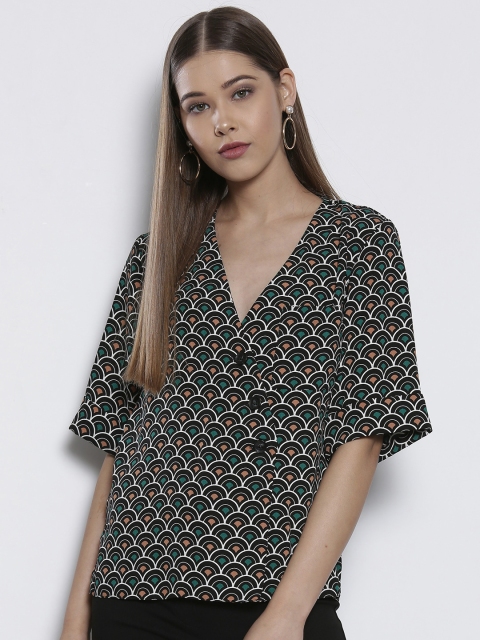 

DOROTHY PERKINS Women Petite Black Printed Wrap Top