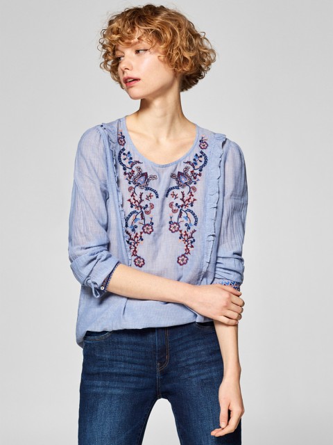 

ESPRIT Women Blue Striped Semi Sheer Top with Embroidered Detail