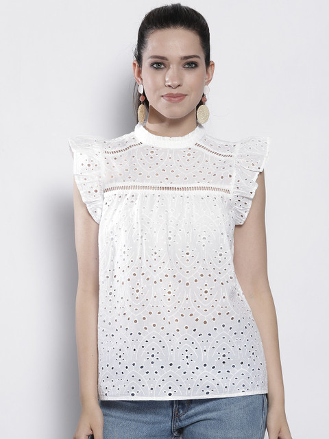 

DOROTHY PERKINS Women White Schiffli Embroidered A-Line Top