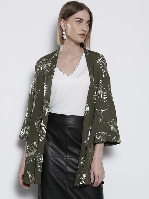 

DOROTHY PERKINS Olive Green & Golden Printed Open Front Shrug