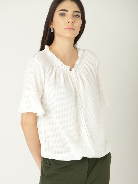 

ESPRIT Women White Self-Checked Semi-Sheer Blouson Top