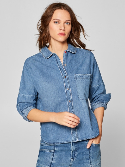 

ESPRIT Women Blue Denim Regular Fit Faded Casual Shirt