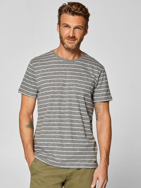 

ESPRIT Men Grey Melange & White Striped Round Neck T-shirt