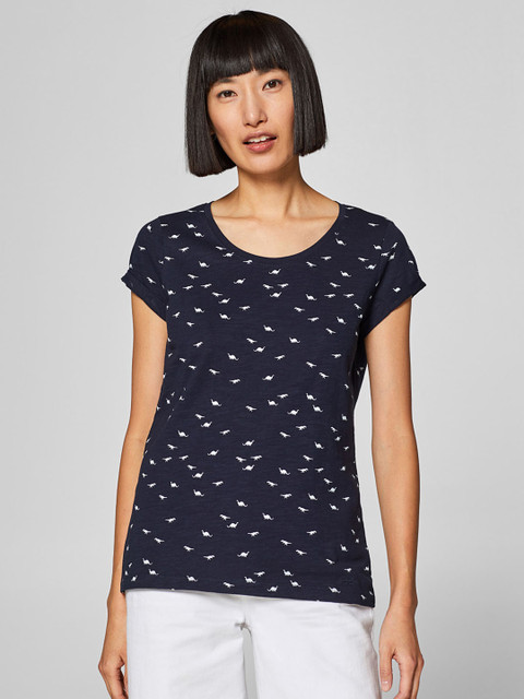 

ESPRIT Women Navy Blue & White Printed Round Neck T-shirt