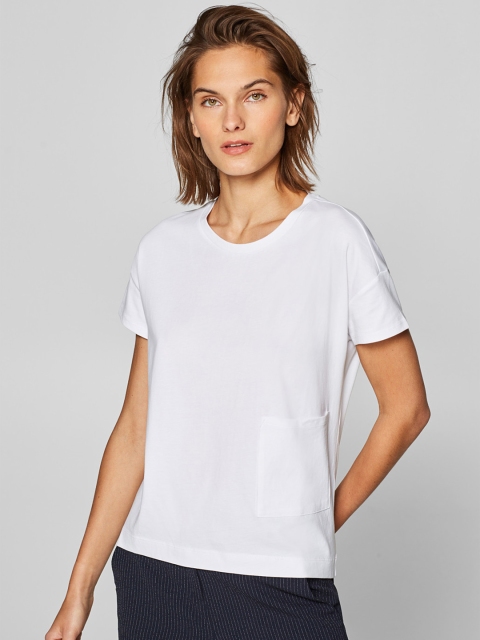 

ESPRIT Women White Solid Round Neck T-shirt