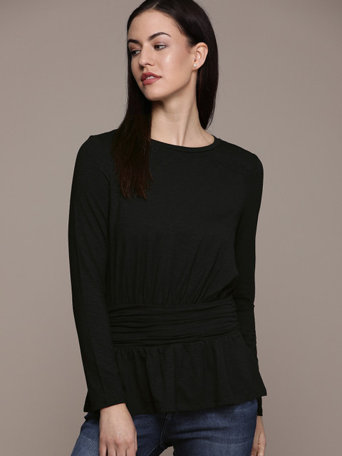 

ESPRIT Women Black Solid Cinched Waist Top