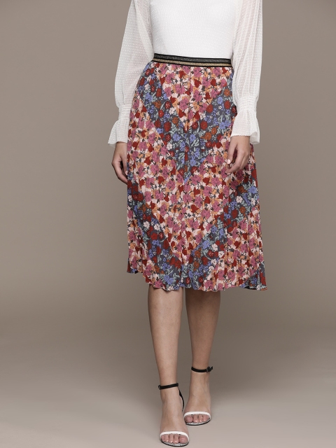 

ESPRIT Women Pink & Blue Floral Print Accrodion Pleat Flared Skirt