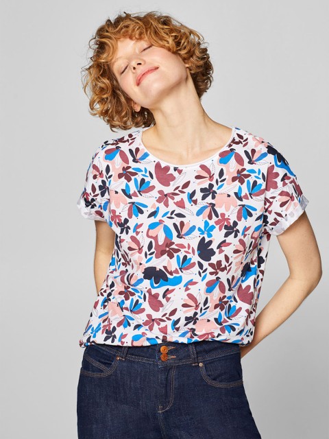 

ESPRIT Women White & Blue Printed Round Neck T-shirt