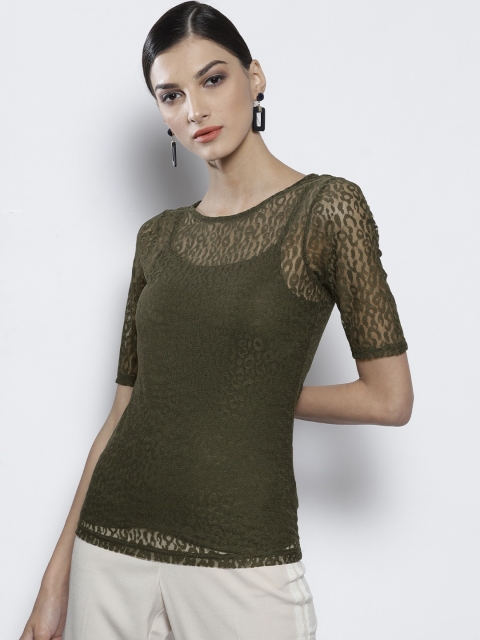 

DOROTHY PERKINS Women Olive Green Lace Top