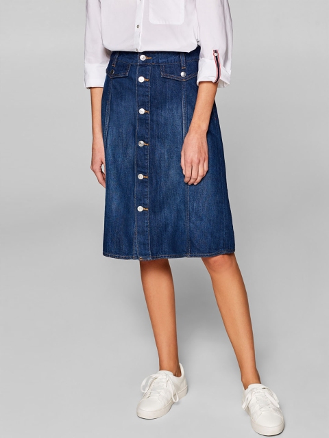 

ESPRIT Women Navy Blue Denim Washed A-Line Pure Cotton Skirt