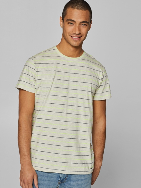 

ESPRIT Men Grey Melange & Navy Blue Striped Round Neck T-shirt