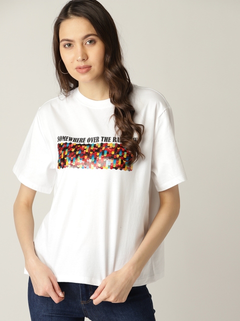 

ESPRIT Women White Sequinned Round Neck T-shirt