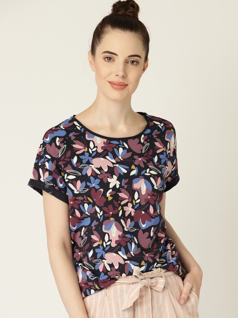 

ESPRIT Women Navy Blue & Mauve Floral Printed Top