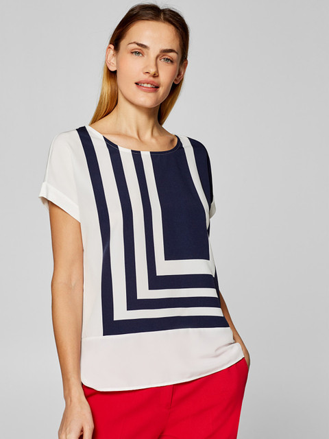 

ESPRIT Women White & Navy Blue Printed Top