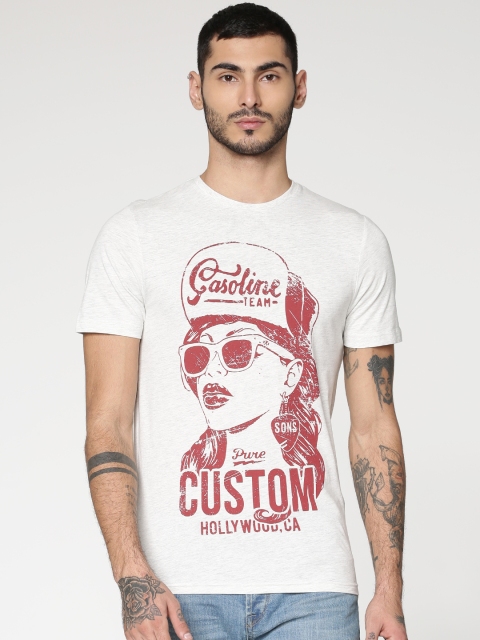 

ONLY & SONS Men Off-White Printed Round Neck T-shirt