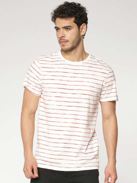 

ONLY & SONS Men White Striped Round Neck T-shirt