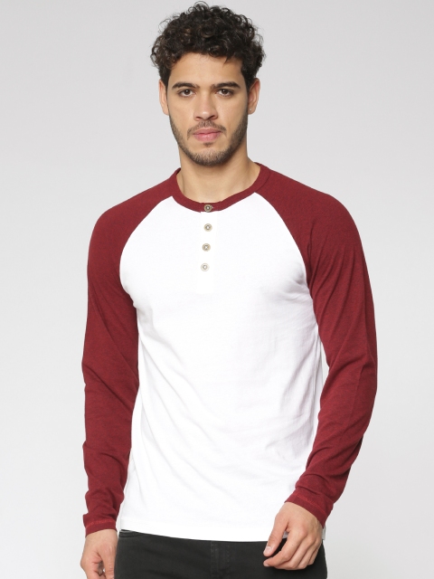 

ONLY & SONS Men White Solid Henley Neck T-shirt