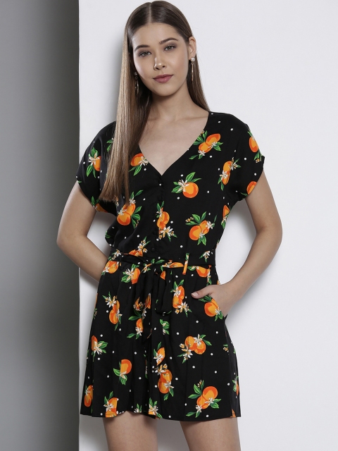 

DOROTHY PERKINS Petite Women Petite Black & Orange Printed Playsuit