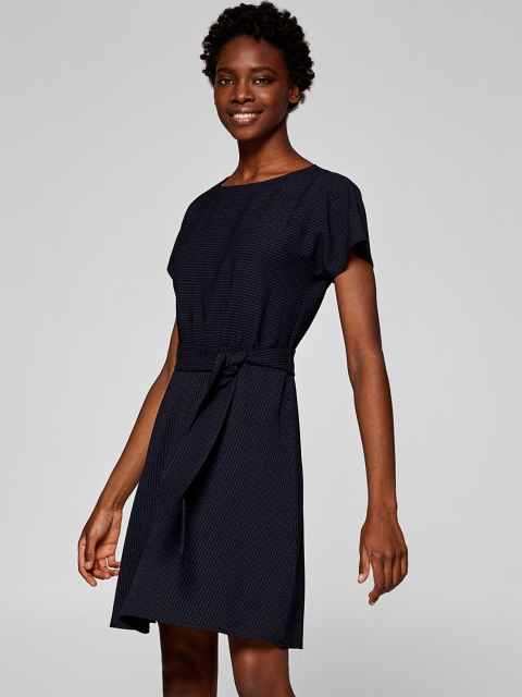 

ESPRIT Women Navy Blue Self-Striped A-Line Dress
