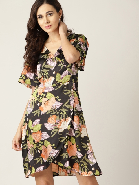 

ESPRIT Women Black & Orange Printed Wrap Dress