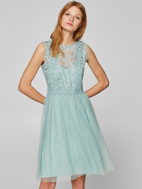 

ESPRIT Women Sea Green Self Design Fit and Flare Net Dress