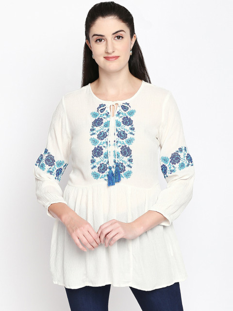 

AKKRITI BY PANTALOONS Women Off-White Printed A-Line Pure Cotton Top
