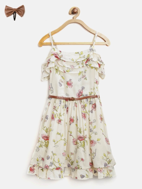 

Gini and Jony Girls Cream-Coloured & Pink Floral Print Layered Fit & Flare Dress