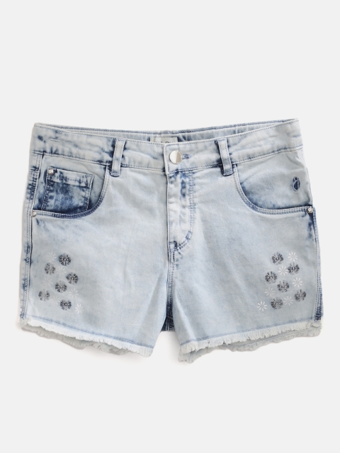 

Gini and Jony Girls Blue Washed Floral Embroidered Frayed Hem Denim Shorts