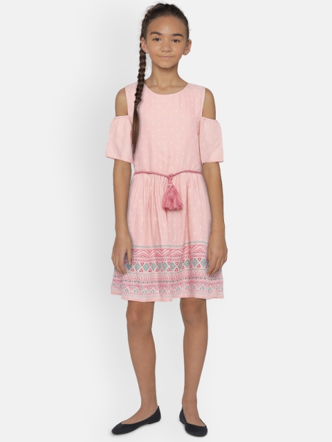 

Palm Tree Girls Peach-Coloured Printed Fit and Flare Dress
