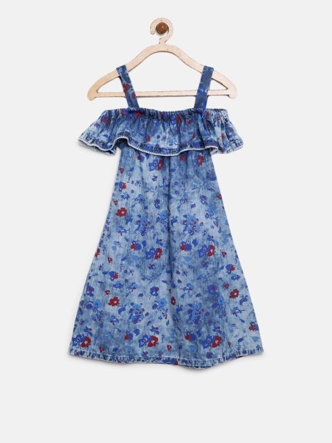 

Gini and Jony Girls Blue & Red Floral Printed Denim A-Line Dress