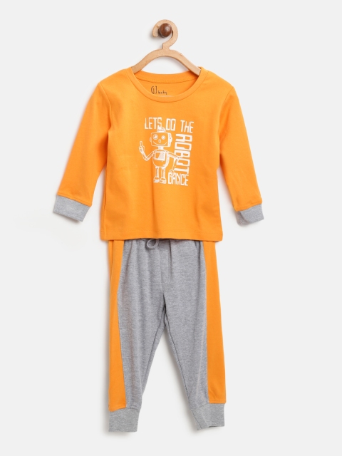 

Gini and Jony Girls Orange & Grey Melange Printed T-shirt with Pyjamas