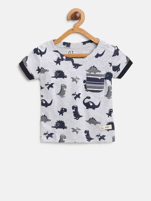 

Gini and Jony Boys Grey Melange & Navy Blue Printed Round Neck T-shirt
