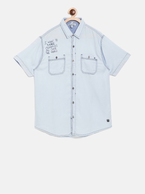 

Palm Tree Boys Blue Regular Fit Solid Chambray Casual Shirt