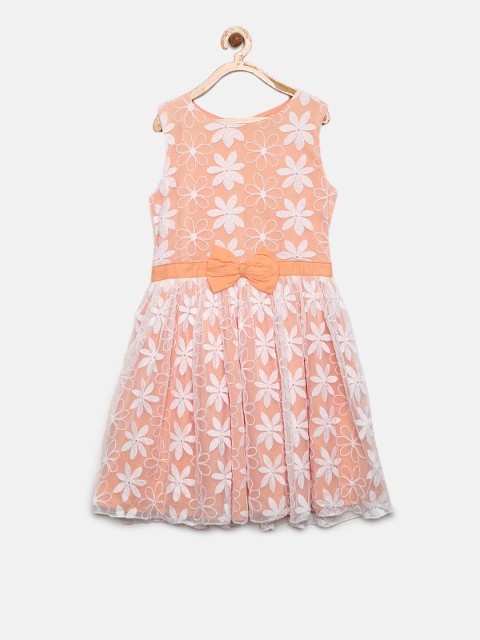 

Gini and Jony Girls Peach-Coloured & White Embroidered Fit & Flare Dress