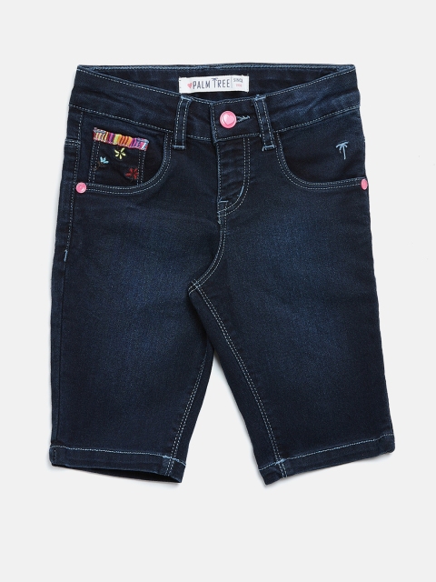 

Palm Tree Girls Navy Washed Regular Fit Denim Capris, Navy blue