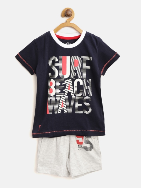 

Palm Tree Boys Navy Blue & Grey Melange Printed T-shirt with Shorts