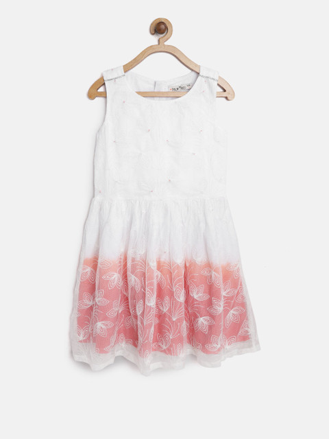 

Palm Tree Girls White & Coral Orange Embroidered Fit and Flare Dress