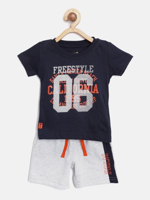 

Palm Tree Boys Navy Blue & Grey Melange Printed T-shirt with Shorts