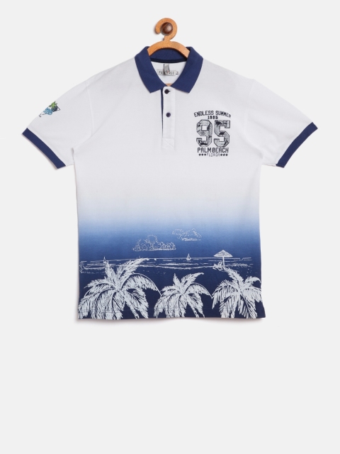 

Palm Tree Boys White & Blue Printed Polo Collar T-shirt with Dyed Effect