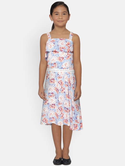 

Gini and Jony Girls Blue & Peach-Coloured Floral Print Fit and Flare Dress with Hair Clip