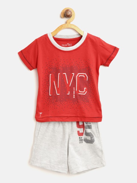 

Palm Tree Boys Red & Grey Melange Printed T-shirt with Shorts