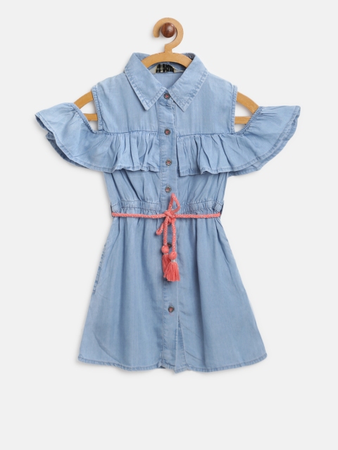 

Gini and Jony Girls Blue Solid Chambray Cold Shoulder Shirt Dress