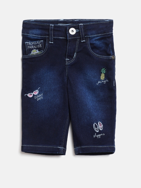 

Palm Tree Girls Navy Washed Embroidered Denim Capris, Navy blue
